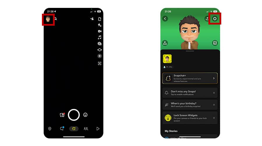 Step 1 and 2 setting up Snapchat dark mode on iOS