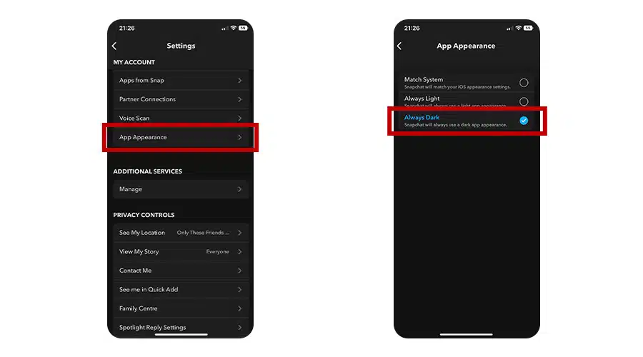 Step 3 and 4 setting up Snapchat dark mode on iOS
