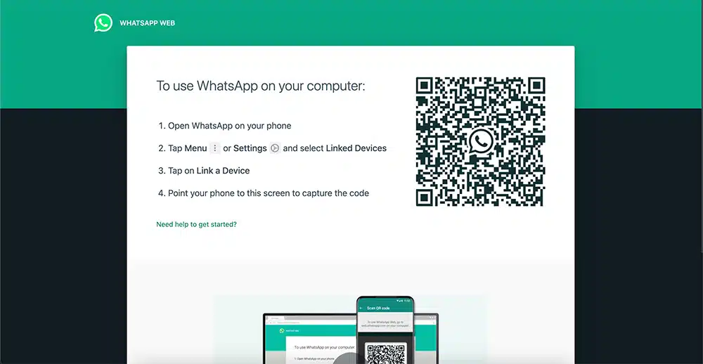 WhatsApp Web setup screen and QR code
