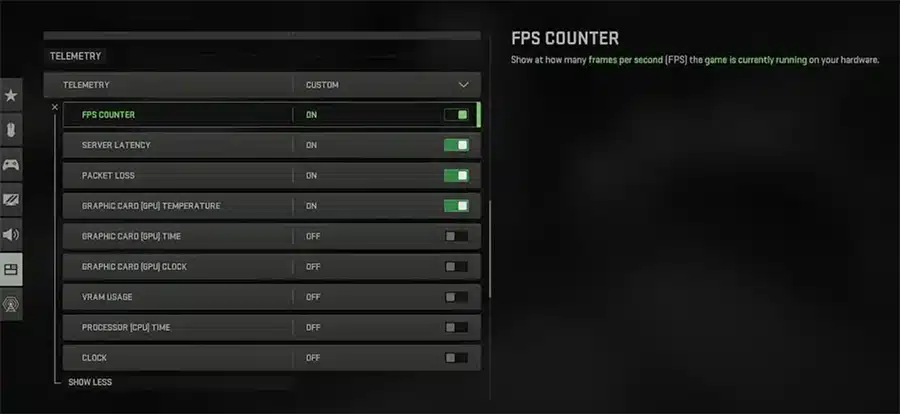 Where to find the FPS counter toggle in Modern Warfare 2 Settings.
